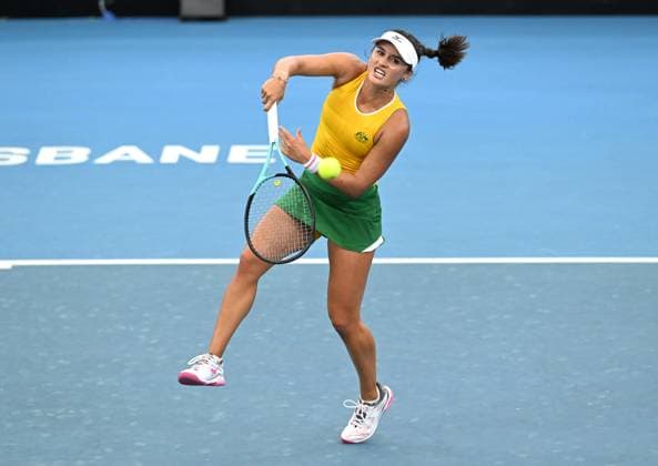 TENNIS BILLIE JEAN KING CUP, Arina Rodionova of Australia in action during her singles match against Giuliana Olmos of Mexico during the Billie Jean King Cup at Pat Rafter Arena in Brisbane, Friday, April 12, 2024. ( NO ARCHIVING, EDITORIAL USE ONLY, NO USE IN BOOKS WITHOUT CONSENT BRISBANE QUEENSLAND AUSTRALIA  Copyright: xDARRENxENGLANDx 20240412001930814087