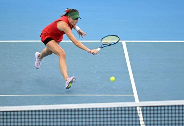 TENNIS BILLIE JEAN KING CUP, Giuliana Olmos of Mexico in action during her singles match against Arina Rodionova of Australia during the Billie Jean King Cup at Pat Rafter Arena in Brisbane, Friday, April 12, 2024. ( NO ARCHIVING, EDITORIAL USE ONLY, NO USE IN BOOKS WITHOUT CONSENT BRISBANE QUEENSLAND AUSTRALIA  Copyright: xDARRENxENGLANDx 20240412001930815738