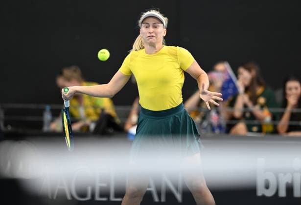 TENNIS BILLIE JEAN KING CUP, Daria Saville of Australia in action during her singles match against Marcela Zacarias of Mexico during the Billie Jean King Cup at Pat Rafter Arena in Brisbane, Friday, April 12, 2024. ( NO ARCHIVING, EDITORIAL USE ONLY, NO USE IN BOOKS WITHOUT CONSENT BRISBANE QUEENSLAND AUSTRALIA  Copyright: xDARRENxENGLANDx 20240412001930820547