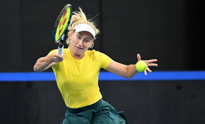 TENNIS BILLIE JEAN KING CUP, Daria Saville of Australia in action during her singles match against Marcela Zacarias of Mexico during the Billie Jean King Cup at Pat Rafter Arena in Brisbane, Friday, April 12, 2024. ( NO ARCHIVING, EDITORIAL USE ONLY, NO USE IN BOOKS WITHOUT CONSENT BRISBANE QUEENSLAND AUSTRALIA  Copyright: xDARRENxENGLANDx 20240412001930822142