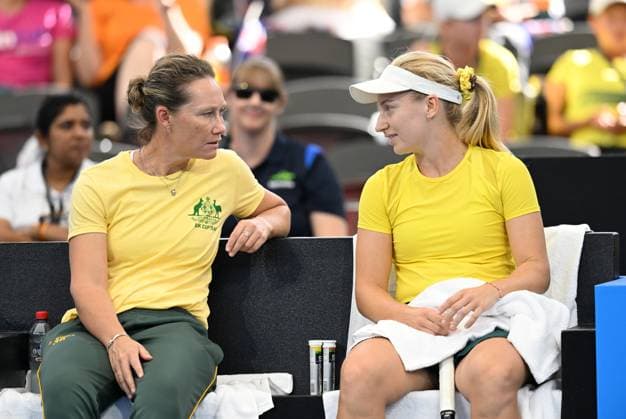 TENNIS BILLIE JEAN KING CUP, Australian captain Sam Stosur (left) talks with Daria Saville (right) of Australia during her singles match against Marcela Zacarias of Mexico during the Billie Jean King Cup at Pat Rafter Arena in Brisbane, Friday, April 12, 2024. ( NO ARCHIVING, EDITORIAL USE ONLY, NO USE IN BOOKS WITHOUT CONSENT BRISBANE QUEENSLAND AUSTRALIA  Copyright: xDARRENxENGLANDx 20240412001930824036