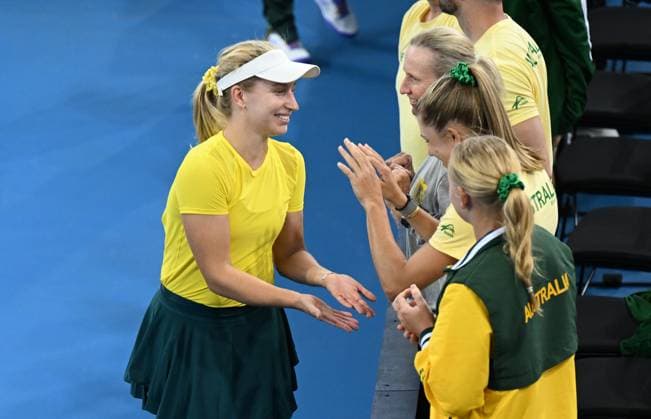 TENNIS BILLIE JEAN KING CUP, Daria Saville (left) of Australia celebrates winning with team mates after her singles match against Marcela Zacarias of Mexico during the Billie Jean King Cup at Pat Rafter Arena in Brisbane, Friday, April 12, 2024. ( NO ARCHIVING, EDITORIAL USE ONLY, NO USE IN BOOKS WITHOUT CONSENT BRISBANE QUEENSLAND AUSTRALIA  Copyright: xDARRENxENGLANDx 20240412001930831261