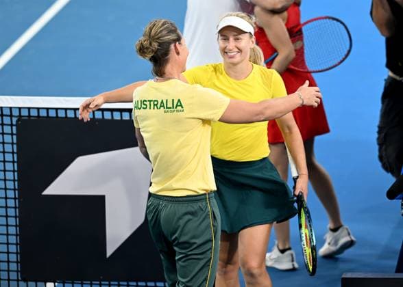 TENNIS BILLIE JEAN KING CUP, Daria Saville (right) of Australia celebrates winning with Australian captain Sam Stosur (left) after her singles match against Marcela Zacarias of Mexico during the Billie Jean King Cup at Pat Rafter Arena in Brisbane, Friday, April 12, 2024. ( NO ARCHIVING, EDITORIAL USE ONLY, NO USE IN BOOKS WITHOUT CONSENT BRISBANE QUEENSLAND AUSTRALIA  Copyright: xDARRENxENGLANDx 20240412001930834767