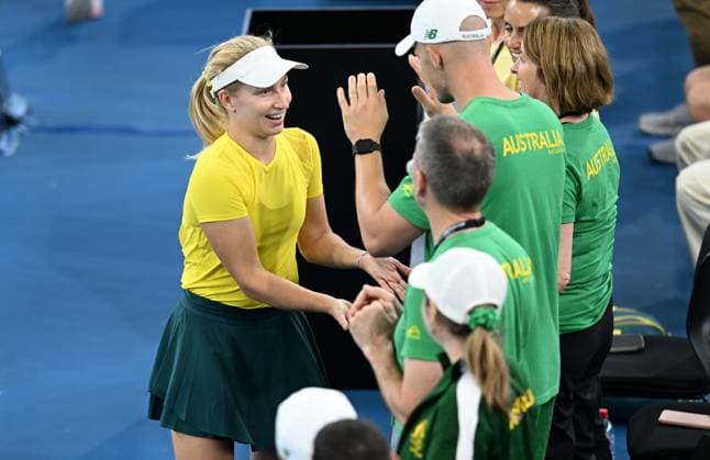 TENNIS BILLIE JEAN KING CUP, Daria Saville (left) of Australia celebrates winning with team mates after her singles match against Marcela Zacarias of Mexico during the Billie Jean King Cup at Pat Rafter Arena in Brisbane, Friday, April 12, 2024. ( NO ARCHIVING, EDITORIAL USE ONLY, NO USE IN BOOKS WITHOUT CONSENT BRISBANE QUEENSLAND AUSTRALIA  Copyright: xDARRENxENGLANDx 20240412001930835130