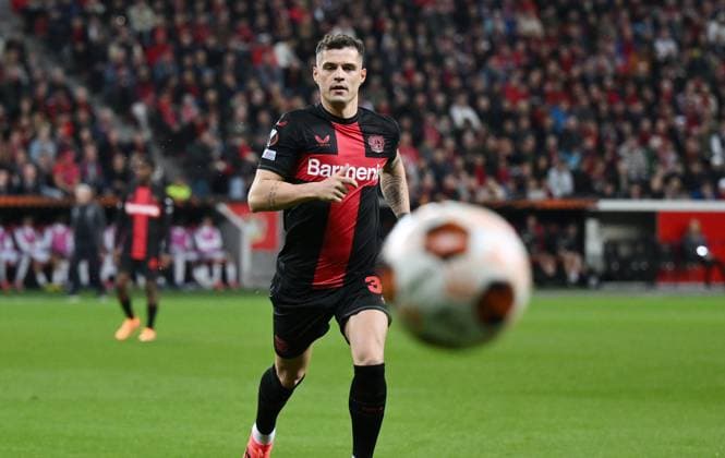 Granit Xhaka Bayer 04 Leverkusen 11 04 2024, Football Europa League, Season 2023 2024, Quarter-final first leg, Bayer 04 Leverkusen West Ham United 2 0 Leverkusen BayArena Nordrhein Westfalen Germany Team2