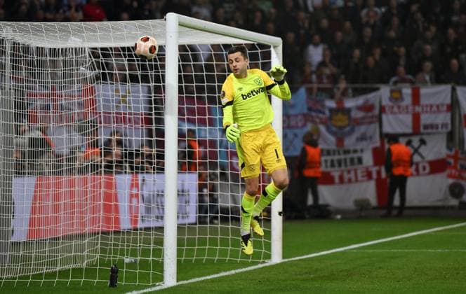 Goalkeeper Lukasz Fabianski West Ham United 11 04 2024, Football Europa League, Season 2023 2024, Quarter-final first leg, Bayer 04 Leverkusen West Ham United 2 0 Leverkusen BayArena Nordrhein Westfalen Germany Team2