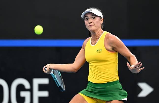 TENNIS BILLIE JEAN KING CUP, Arina Rodionova of Australia in action during her singles match against Giuliana Olmos of Mexico during the Billie Jean King Cup at Pat Rafter Arena in Brisbane, Friday, April 12, 2024. ( NO ARCHIVING, EDITORIAL USE ONLY, NO USE IN BOOKS WITHOUT CONSENT BRISBANE QUEENSLAND AUSTRALIA  Copyright: xDARRENxENGLANDx 20240412001930881445