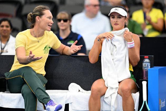TENNIS BILLIE JEAN KING CUP, Australian captain Sam Stosur (left) is seen talking to Arina Rodionova of Australia (right) during her singles match against Giuliana Olmos of Mexicoduring the Billie Jean King Cup at Pat Rafter Arena in Brisbane, Friday, April 12, 2024. ( NO ARCHIVING, EDITORIAL USE ONLY, NO USE IN BOOKS WITHOUT CONSENT BRISBANE QUEENSLAND AUSTRALIA  Copyright: xDARRENxENGLANDx 20240412001930884228