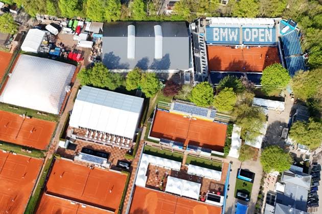 Birds eye view of the MTTC Iphitos facility in the north of Munich, tournament facility, tennis facility and venue of the Tennis BMW Open 2024 on 13 04 21 04 2024