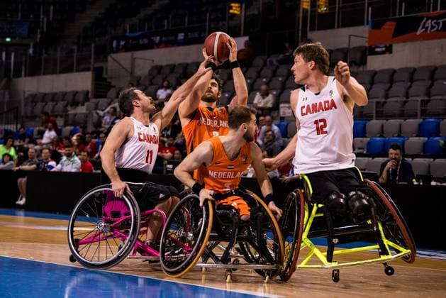 2024 IWBF Mens Repechage Kanda Netherlands 12 04 2024 Chad Jassman Canada, 11 , Mendel Op Den Orth Netherlands, 2 on the ball, Anil Cegil Netherlands, 3 , Patrick Anderson Canada, 12 2024 IWBF Mens Repechage Kanda Netherlands, Azur Arena, Antibes Copyright: xBEAUTIFULxSPORTS Wunderlx