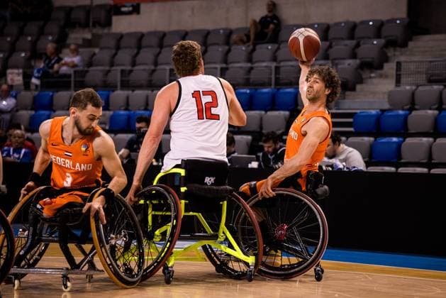 2024 IWBF Mens Repechage Kanda Netherlands 12 04 2024 Anil Cegil Netherlands, 3 , Patrick Anderson Canada, 12 , Robin Poggenwisch Netherlands, 1 on the ball 2024 IWBF Mens Repechage Kanda Netherlands, Azur Arena, Antibes Copyright: xBEAUTIFULxSPORTS Wunderlx