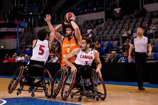 2024 IWBF Mens Repechage Kanda Netherlands 12 04 2024 Garrett Ostepchuk Canada, 5 , Mendel Op Den Orth Netherlands, 2 on the ball, Vincent Dallaire Canada, 7 2024 IWBF Mens Repechage Kanda Netherlands, Azur Arena, Antibes Copyright: xBEAUTIFULxSPORTS Wunderlx