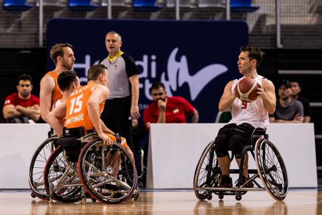 2024 IWBF Mens Repechage Kanda Netherlands 12 04 2024 Patrick de Boer Netherlands, 7 , Quinten Zantinge Netherlands, 15 , Colin Higgins Canada, 9 on the ball 2024 IWBF Mens Repechage Kanda Netherlands, Azur Arena, Antibes Copyright: xBEAUTIFULxSPORTS Wunderlx