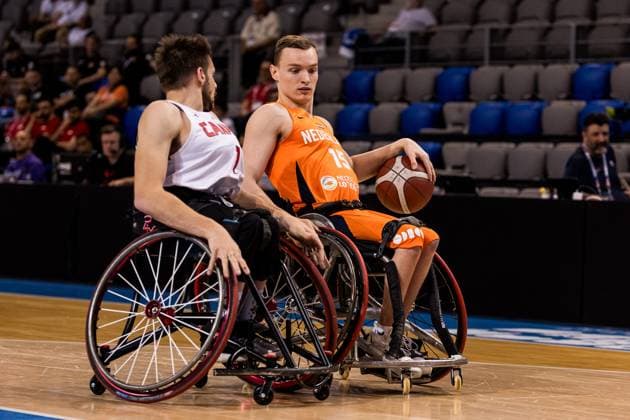 2024 IWBF Mens Repechage Kanda Netherlands 12 04 2024 Vincent Dallaire Canada, 7 , Quinten Zantinge Netherlands, 15 on the ball 2024 IWBF Mens Repechage Kanda Netherlands, Azur Arena, Antibes Copyright: xBEAUTIFULxSPORTS Wunderlx