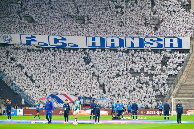 Fans FC Hansa Rostock, Mood picture Olympiastadion Berlin, GER, Hertha BSC vs FC Hansa Rostock, Soccer men, 2 Bundesliga, Season 2023 2024, 29 Matchday, 12 04 2024 DFL REGULATIONS PROHIBIT ANY USE OF PHOTOGRAPHS AS IMAGE SEQUENCES AND OR QUASI VIDEO GER, Hertha BSC vs FC Hansa Rostock, Soccer men, 2 Bundesliga, Season 2023 2024, 29 Matchday, 12 04 2024 Berlin Copyright: xEibner-Pressefotox xClaudiusxRaux EP_CRH
