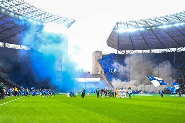 2 Bundesliga Hertha BSC Berlin FC Hansa Rostock on 12 04 2024 at Olympiastadion in Berlin Fans of FC Hansa Rostock to end smoke MT