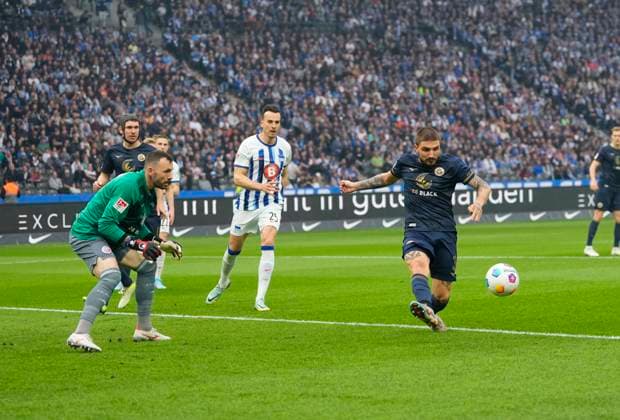 Germany, Berlin, 12 04 2024, Olympic Stadium, Hertha BSC vs FC Hansa Rostock 2 Bundesliga, Konstantinos Stafylidis FC Hansa Rostock controls the ball Berlin Olympic Stadium Berlin Germany eu-images-659