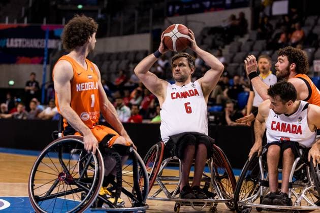 2024 IWBF Mens Repechage Kanda Netherlands 12 04 2024 Robin Poggenwisch Netherlands, 1 , Robert Hedges Canada, 6 on the ball 2024 IWBF Mens Repechage Kanda Netherlands, Azur Arena, Antibes Copyright: xBEAUTIFULxSPORTS Wunderlx