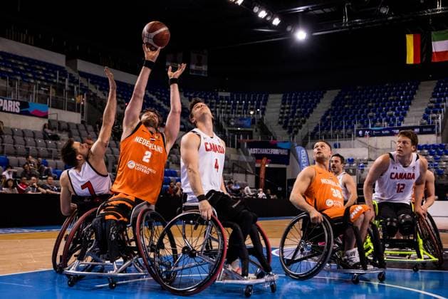 2024 IWBF Mens Repechage Kanda Netherlands 12 04 2024 Vincent Dallaire Canada, 7 , Mendel Op Den Orth Netherlands, 2 in the throw, Nikola Goncin Canada, 4 2024 IWBF Mens Repechage Kanda Netherlands, Azur Arena, Antibes Copyright: xBEAUTIFULxSPORTS Wunderlx