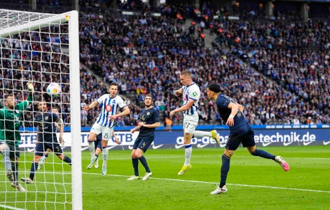 Germany, Berlin, 12 04 2024, Olympic Stadium, Hertha BSC vs FC Hansa Rostock 2 Bundesliga, Palko Dardai Hertha Berlin scores the teams first goal Berlin Olympic Stadium Berlin Germany eu-images-659