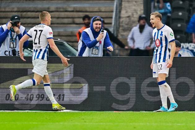 Goal for 1 0 by Palko Dardai Hertha BSC, 27 , Cheers, GER, Hertha BSC vs FC Hansa Rostock, Soccer Men, 2 Bundesliga, Season 2023 2024, Matchday 29, 12 04 2024 DFL REGULATIONS PROHIBIT ANY USE OF PHOTOGRAPHS AS IMAGE SEQUENCES AND OR QUASI VIDEO GER, Hertha BSC vs FC Hansa Rostock, Soccer Men, 2 Bundesliga, Season 2023 2024, Matchday 29, 12 04 2024 Berlin Copyright: xEibner-Pressefotox xClaudiusxRaux EP_CRH