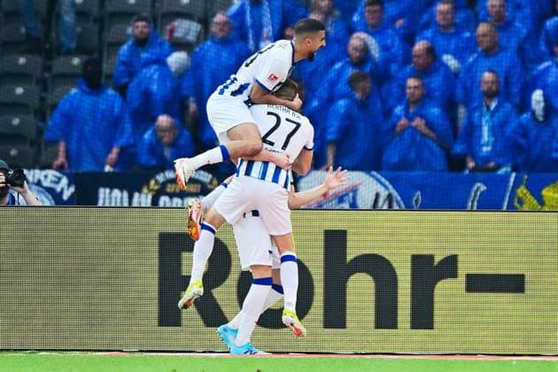 Goal for 1 0 by Palko Dardai Hertha BSC, 27 , Cheers, GER, Hertha BSC vs FC Hansa Rostock, Soccer Men, 2 Bundesliga, Season 2023 2024, Matchday 29, 12 04 2024 DFL REGULATIONS PROHIBIT ANY USE OF PHOTOGRAPHS AS IMAGE SEQUENCES AND OR QUASI VIDEO GER, Hertha BSC vs FC Hansa Rostock, Soccer Men, 2 Bundesliga, Season 2023 2024, Matchday 29, 12 04 2024 Berlin Copyright: xEibner-Pressefotox xClaudiusxRaux EP_CRH