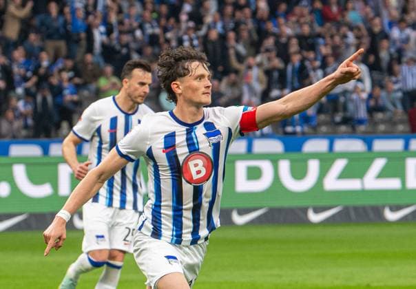 Soccer, Men, Season 2023 2024, 2 Bundesliga 29 Matchday , Hertha BSC F C Hansa Rostock, Fabian Reese Hertha BSC , Celebration after goal to 2 0, 12 04 2024, Copyright: xSebastianxRäppold MatthiasxKochx
