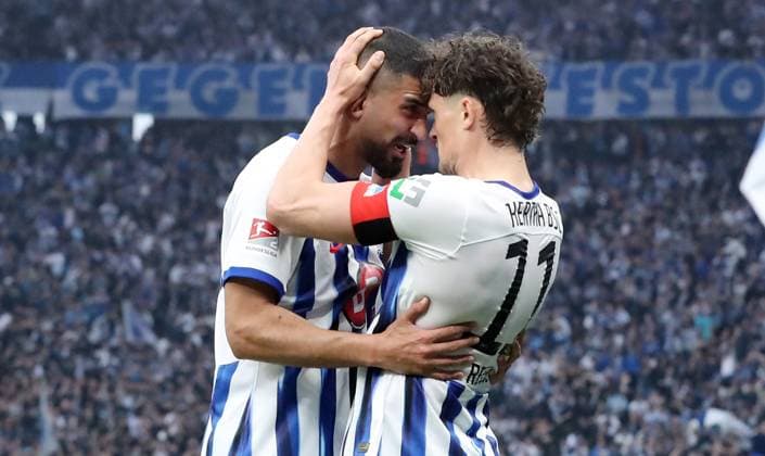 Fabian Reese celebrates after 2 0 with Aymane Barkok Joy Emotion Cheering Sport Football Soccer DFL 2 Bundesliga Men 29 Matchday Season 2023 2024 12 04 2024 Hertha BSC Berlin vs FC Hansa Rostock DFL regulations prohibit any use of photographs as image sequences and or quasi video