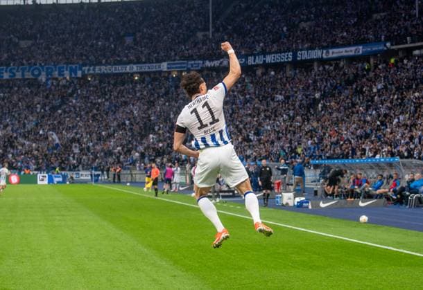Soccer, Men, Season 2023 2024, 2 Bundesliga 29 Matchday , Hertha BSC F C Hansa Rostock, Fabian Reese Hertha BSC , Celebration after goal to 2 0, 12 04 2024, Copyright: xSebastianxRäppold MatthiasxKochx