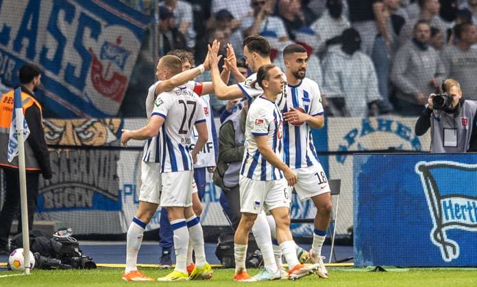 Berlin, 12 04 2024, Soccer, 2 Bundesliga, Matchday 29, Hertha BSC Hansa Rostock, Olympiastadion Berlins Fabian Reese l cheers with teammates after his goal to 2 0 DFL regulations and DFB regulations prohibit any use of photographs as image sequences and or quasi video, Foto Andreas Gora Hertha BSC Hansa Rostock