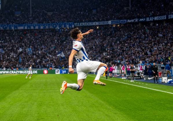 Soccer, Men, Season 2023 2024, 2 Bundesliga 29 Matchday , Hertha BSC F C Hansa Rostock, Fabian Reese Hertha BSC , Celebration after goal to 2 0, 12 04 2024, Copyright: xSebastianxRäppold MatthiasxKochx