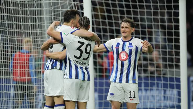 Haris Tabakovic cheers after 4 0 mt Derry Scherhant, Fabian Reese joy emotion jubilation Sport Football Soccer DFL 2 Bundesliga Men 29 Matchday Season 2023 2024 12 04 2024 Hertha BSC Berlin vs FC Hansa Rostock DFL regulations prohibit any use of photographs as image sequences and or quasi video