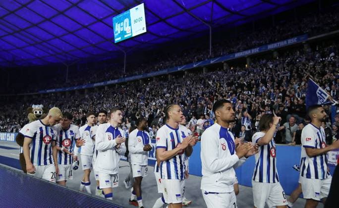 Hertha team at the lap of honor after the end of the match after 4 0 victory Sport Football Soccer DFL 2 Bundesliga Men 29 Matchday Season 2023 2024 12 04 2024 Hertha BSC Berlin vs FC Hansa Rostock DFL regulations prohibit any use of photographs as image sequences and or quasi video