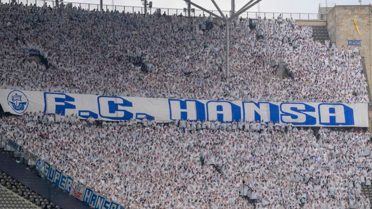 FC Hansa Fanblock Blau Weiss, Hertha BSC FC Hansa Rostock, 2 Bundesliga, Football, DFB, Spielzeit 2023 2024, 29 Spieltag, Olympia Stadion Berlin, DFB DFL REGULATIONS PROHIBIT ANY USE OF PHOTOGRAPHS AS IMAGE SEQUENCES AND OR QUASI VIDEO, 12 04 2024, Copyright: HMBxMedia UwexKoch