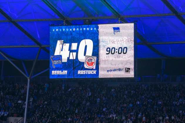 Final score after 90 minutes 4 0, Hertha BSC FC Hansa Rostock, 2 Bundesliga, Football, DFB, Matchday 2023 2024, Matchday 29, Olympia Stadion Berlin, DFB DFL REGULATIONS PROHIBIT ANY USE OF PHOTOGRAPHS AS IMAGE SEQUENCES AND OR QUASI VIDEO, 12 04 2024, Copyright: HMBxMedia UwexKoch
