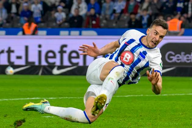 Haris Tabakovic Hertha BSC, 25 , full commitment, Hertha BSC FC Hansa Rostock, 2 Bundesliga, Football, DFB, Spielzeit 2023 2024, 29 Spieltag, Olympia Stadion Berlin, DFB DFL REGULATIONS PROHIBIT ANY USE OF PHOTOGRAPHS AS IMAGE SEQUENCES AND OR QUASI VIDEO, 12 04 2024, Copyright: HMBxMedia UwexKoch