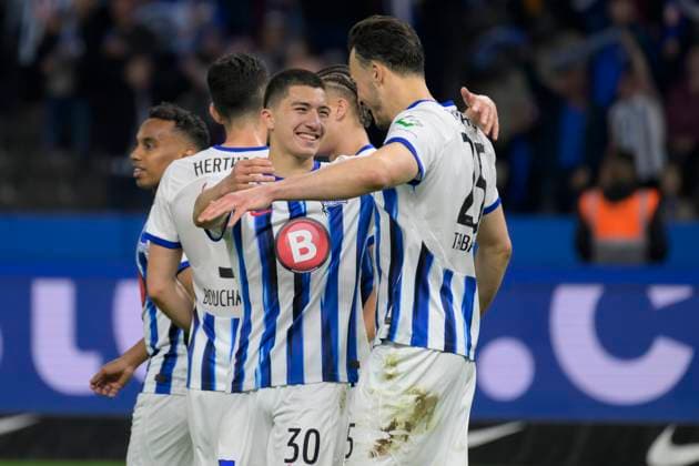 Goal, goal, jubilation, goal celebration, joy, enthusiasm, Haris Tabakovic Hertha BSC, 25 , shoots Hertha to 4 0, goal, Hertha BSC FC Hansa Rostock, 2 Bundesliga, football, DFB, season 2023 2024, 29 matchday, Olympia Stadion Berlin, DFB DFL REGULATIONS PROHIBIT ANY USE OF PHOTOGRAPHS AS IMAGE SEQUENCES AND OR QUASI VIDEO, 12 04 2024, Copyright: HMBxMedia UwexKoch