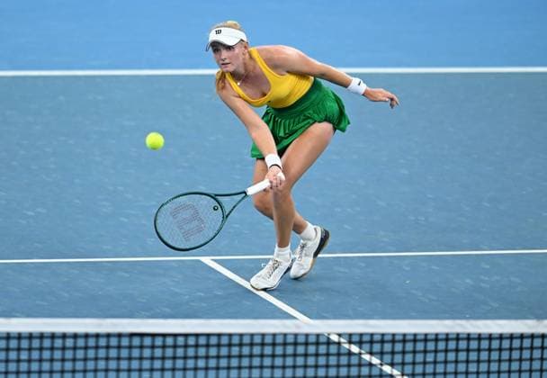 TENNIS BILLIE JEAN KING CUP, Taylah Preston of Australia in action during her singles match against Marcela Zacarias of Mexico during the Billie Jean King Cup at Pat Rafter Arena in Brisbane, Saturday, April 13, 2024. ( NO ARCHIVING, EDITORIAL USE ONLY, NO USE IN BOOKS WITHOUT CONSENT BRISBANE QUEENSLAND AUSTRALIA  Copyright: xDARRENxENGLANDx 20240413001931258622