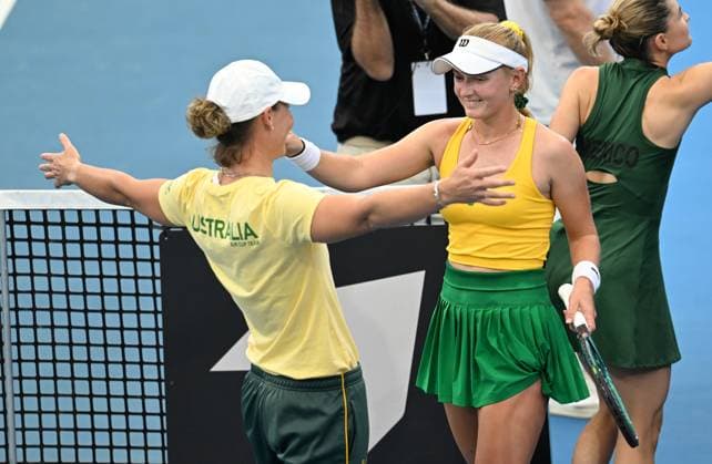 TENNIS BILLIE JEAN KING CUP, Taylah Preston (right) of Australia celebrates winning with Australian captain Sam Stosur(left) after her singles match against Marcela Zacarias of Mexico during the Billie Jean King Cup at Pat Rafter Arena in Brisbane, Saturday, April 13, 2024. ( NO ARCHIVING, EDITORIAL USE ONLY, NO USE IN BOOKS WITHOUT CONSENT BRISBANE QUEENSLAND AUSTRALIA  Copyright: xDARRENxENGLANDx 20240413001931261327