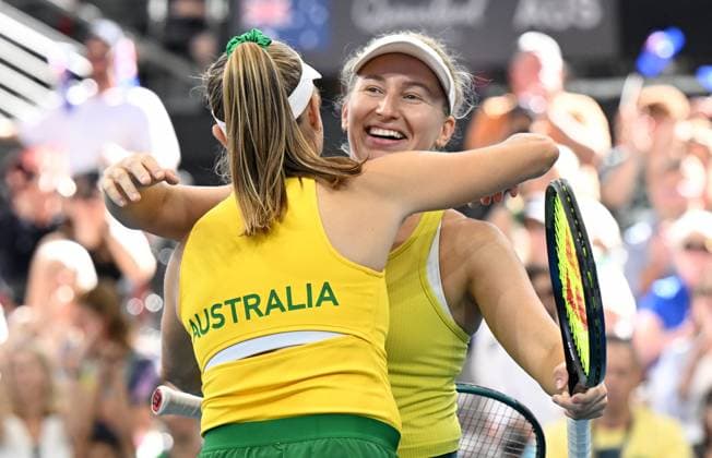 TENNIS BILLIE JEAN KING CUP, Ellen Perez (left) and Daria Saville (right) of Australia celebrate winning their double match against Jessica Hinojosa Gomez and Fernanda Navarro of Mexico during the Billie Jean King Cup at Pat Rafter Arena in Brisbane, Saturday, April 13, 2024. ( NO ARCHIVING, EDITORIAL USE ONLY, NO USE IN BOOKS WITHOUT CONSENT BRISBANE QUEENSLAND AUSTRALIA  Copyright: xDARRENxENGLANDx 20240413001931281613