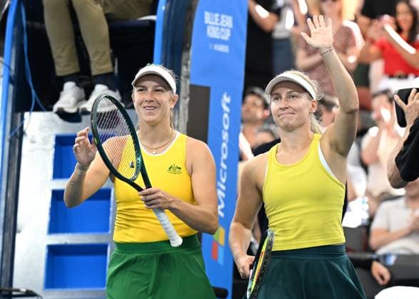 TENNIS BILLIE JEAN KING CUP, Ellen Perez (left) and Daria Saville (right) of Australia celebrate winning their double match against Jessica Hinojosa Gomez and Fernanda Navarro of Mexico during the Billie Jean King Cup at Pat Rafter Arena in Brisbane, Saturday, April 13, 2024. ( NO ARCHIVING, EDITORIAL USE ONLY, NO USE IN BOOKS WITHOUT CONSENT BRISBANE QUEENSLAND AUSTRALIA  Copyright: xDARRENxENGLANDx 20240413001931282272