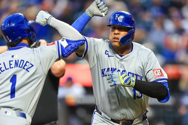 MLB, Baseball Herren, USA Kansas City Royals Vs. New York Mets Kansas City Royals Salvador Perez 13 is being congratulated by teammate MJ Melendez 1 after hitting a home run during the first inning of a baseball game against the New York Mets at Citi Field in New York City, New York, on April 12, 2024. New York New York United States  Copyright: xGordonxDonovanx originalFilename:donovan-kansasci240412_npwV8.jpg