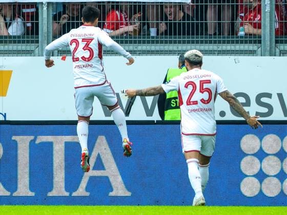 Matthias Zimmermann Fortuna Duesseldorf, 25 and Shinta Appelkamp Fortuna Duesseldorf, 23 celebrate the goal to 0 1, GER, SV Wehen Wiesbaden vs Fortuna Duesseldorf, Soccer, 2 Bundesliga, Matchday 29, Season 2023 2024, 13 04 2024 DFL REGULATES PROHIBIT ANY USE OF PHOTOGRAPHS AS IMAGE SEQUENCES AND OR QUASI VIDEO GER, SV Wehen Wiesbaden vs Fortuna Duesseldorf, Football, 2 Bundesliga, Matchday 29, Season 2023 2024, 13 04 2024 Wiesbaden Copyright: xEibner-Pressefoto FlorianxWieganx EP_FWD