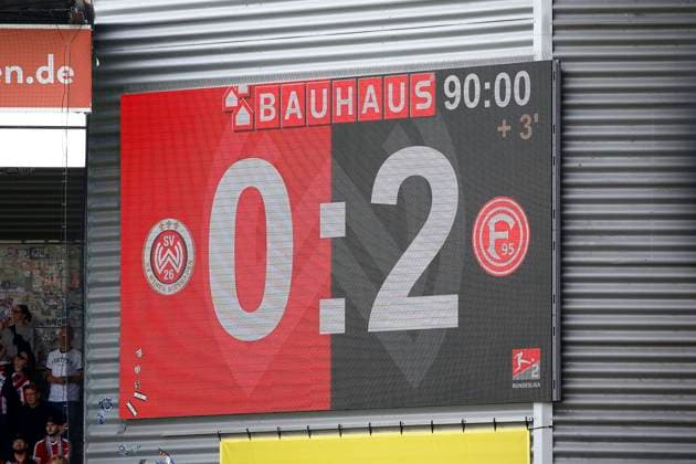 13 04 2024, xavx, Soccer 2 Bundesliga, SV Wehen Wiesbaden Fortuna Düsseldorf emspor, v l scoreboard in the Brita Arena final score 0 2 DFL DFB REGULATIONS PROHIBIT ANY USE OF PHOTOGRAPHS as IMAGE SEQUENCES and or QUASI VIDEO Wiesbaden