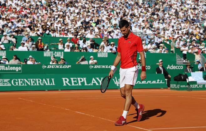 DEMI ROLEX MC MASTERS DJOKOVIC RUUD PHOTOPQR NICE MATIN Jean François Ottonello ; Roquebrune-Cap-Martin ; 13 04 2024 ; Demi-finale Rolex Monte-Carlo Masters - Novak Djokovic (SRB en rouge) vs Casper Ruud (NOR en noir) Roquebrune-Cap-Martin France  Copyright: xPHOTOPQR NICExMATIN MAXPPPxJeanxFrançoisxOttonellox 20240413NIM8323 20240413NIM8323
