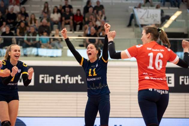 2 Bundesliga Women Pro Schwarz Weiss Erfurt vs DSHS SnowTrex Köln 13 04 2024 Jubel, Annika Stenchly 11 DSHS SnowTrex Köln 2 Bundesliga Women Pro Schwarz Weiss Erfurt vs DSHS SnowTrex Köln Riethsporthalle Erfurt 13 04 2024 Copyright: xBEAUTIFULxSPORTS Duehringx