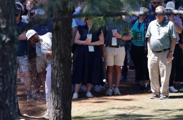 South Africa s Erik van Rooyen hits from behind a tree on the seventh hole during the third round of the Masters Tournament at Augusta National Golf Club in Augusta, Georgia on Saturday, April 13, 2024.  AUG20240413503 TANNENxMAURY