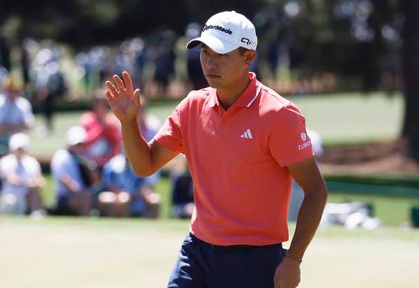 Collin Morikawa reacts after sinking a putt on the second hole during the third round of the Masters Tournament at Augusta National Golf Club in Augusta, Georgia on Saturday, April 13, 2024.  AUG20240413517 TANNENxMAURY