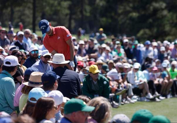 Denmark s Nicolai Hojgaard hits out of the crowd on the second hole during the third round of the Masters Tournament at Augusta National Golf Club in Augusta, Georgia on Saturday, April 13, 2024.  AUG20240413520 TANNENxMAURY