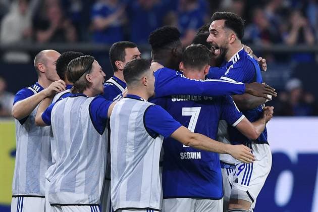 Soccer 2 Bundesliga 29 Matchday FC Schalke 04 1 FC Nürnberg on 13 04 2024 at the Veltins Arena in Gelsenkirchen Goal celebration for 1 0 by Kenan Karaman Schalke DFL regulations prohibit any use of photographs as image sequences and or quasi video xRx